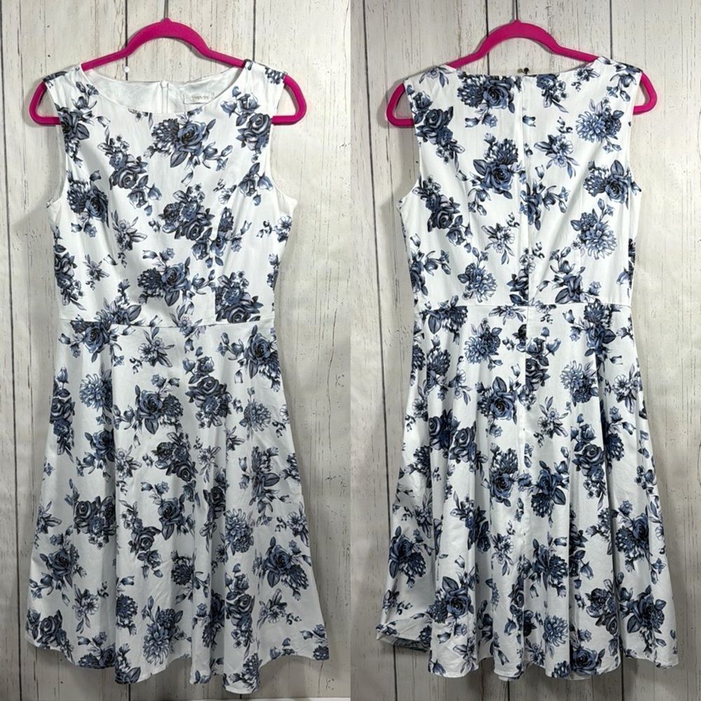 Hanpceirs Blue White Floral Fit & Flare Dress Sleeveless Cottagecore Romantic